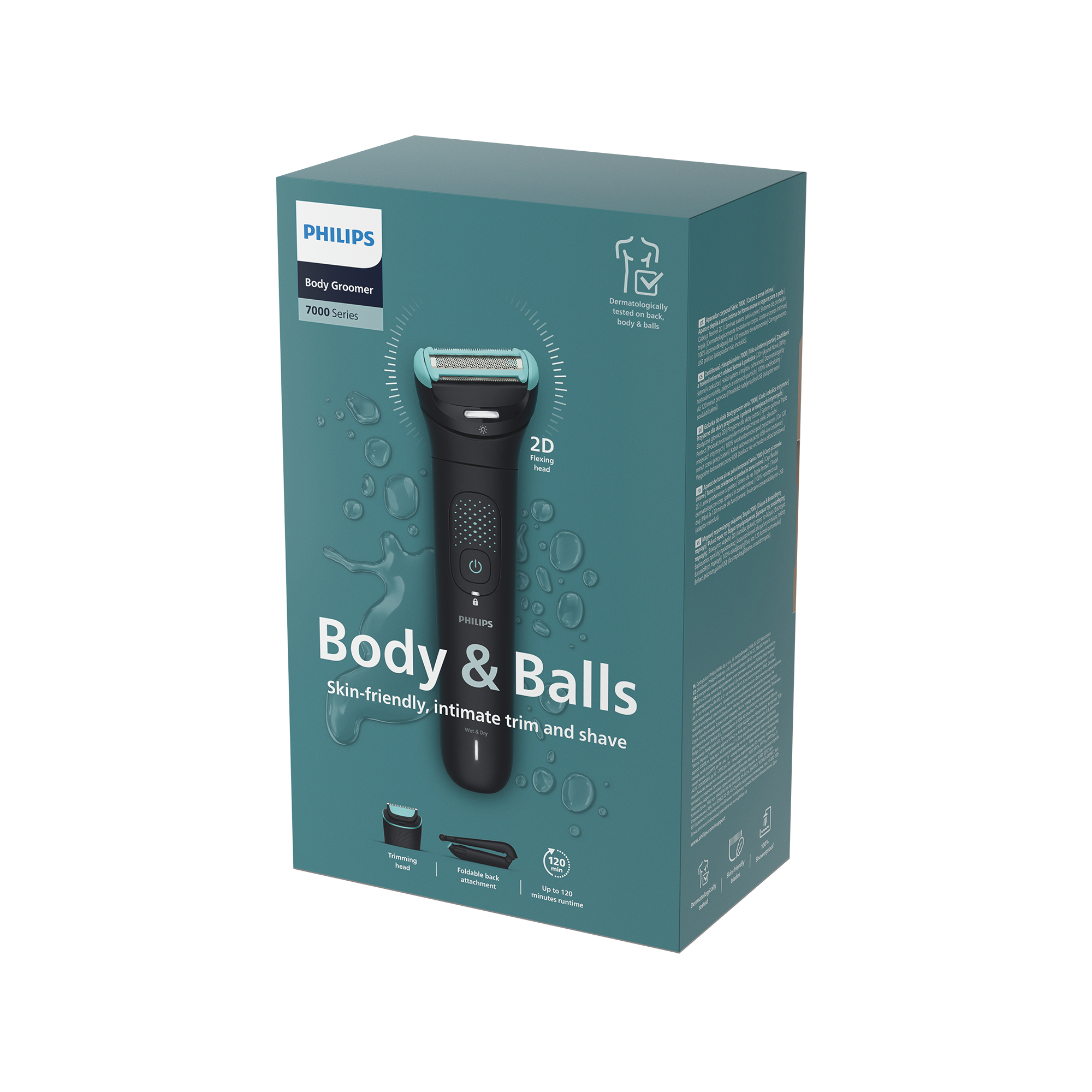 Embalaje Philips Body Groomer Serie 7000 con recortador, accesorios y tiempo de ejecución.