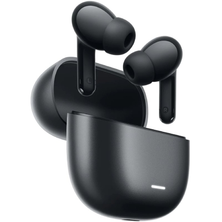 Auriculares inalámbricos negros con estuche de carga, sobre fondo blanco.