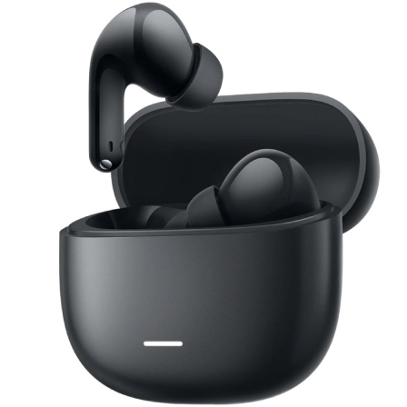 Auriculares inalámbricos negros en un estuche de carga abierto con barra blanca.