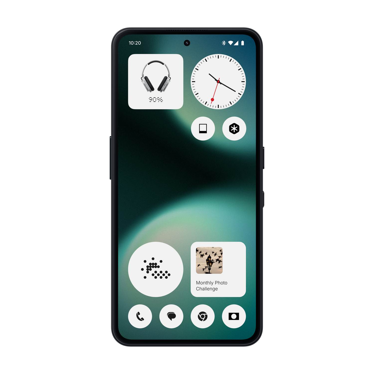 Pantalla de inicio de smartphone con widget de auriculares, reloj y foto.