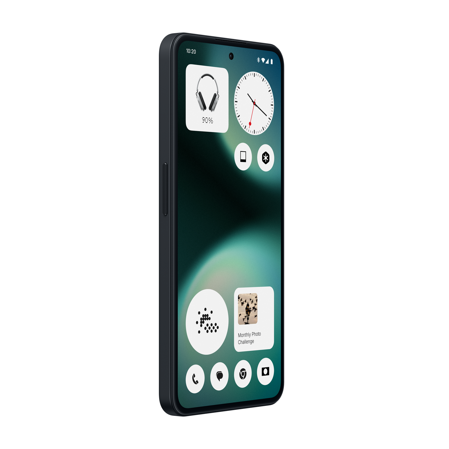 Pantalla de inicio de smartphone con widget de auriculares, reloj y desafío fotográfico.