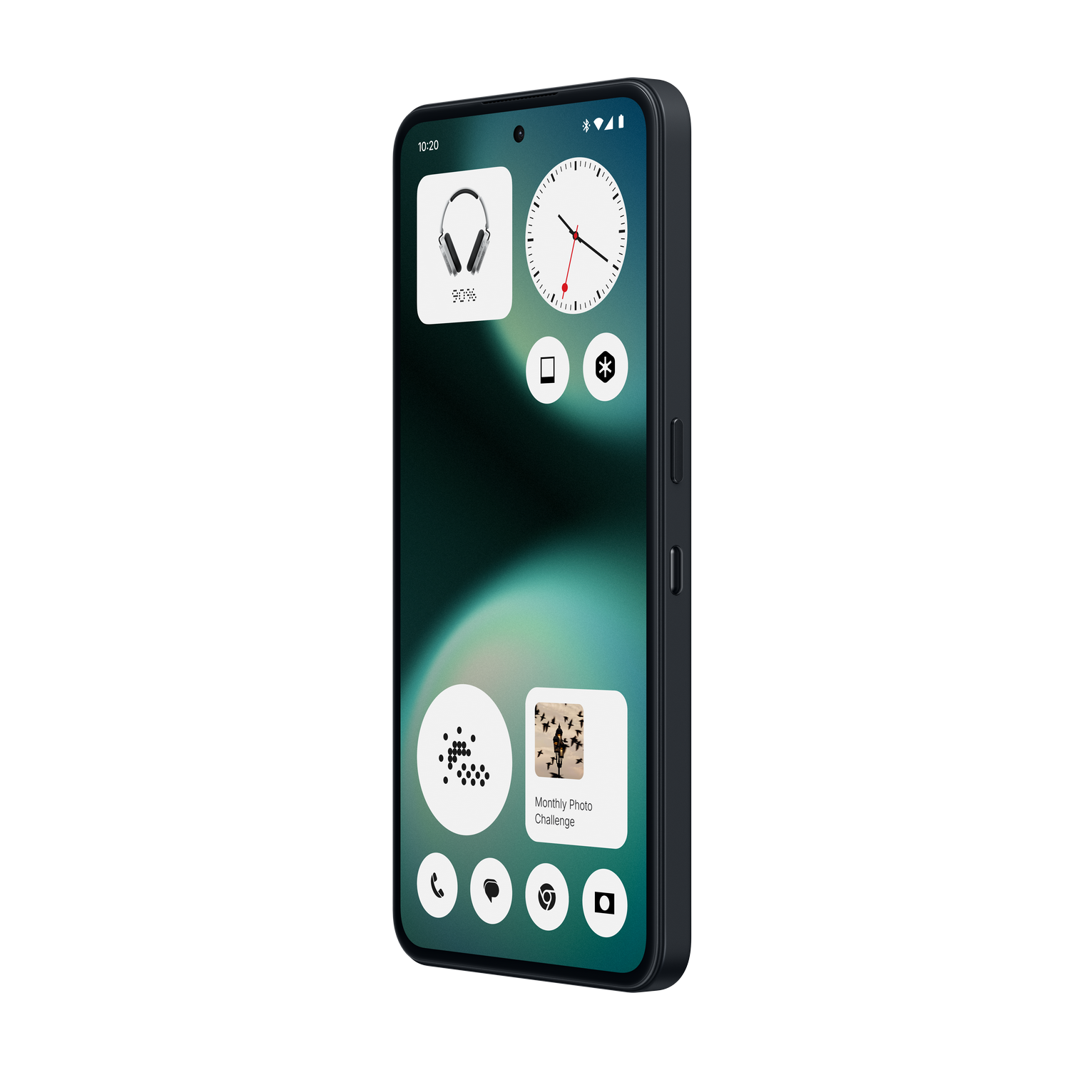 Un smartphone mostrando widgets: auriculares, reloj, calendario, desafío fotográfico.
