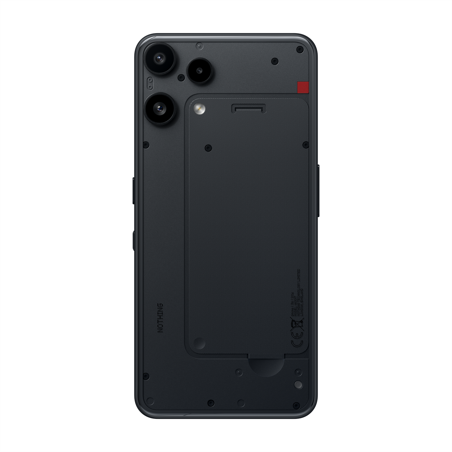 Parte trasera de un smartphone negro con tres cámaras y panel central texturizado.