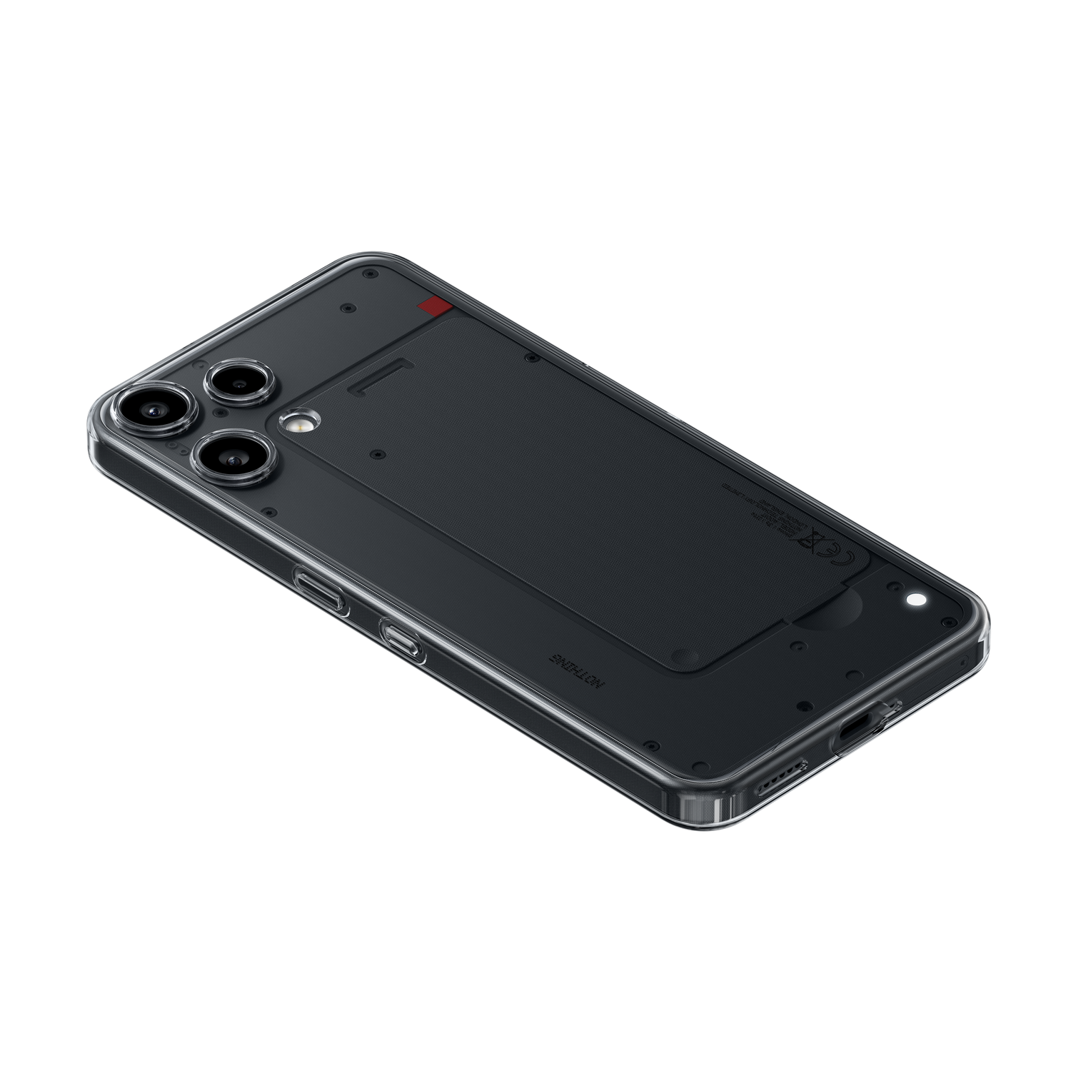 Vista trasera de un smartphone negro con carcasa transparente y doble cámara.