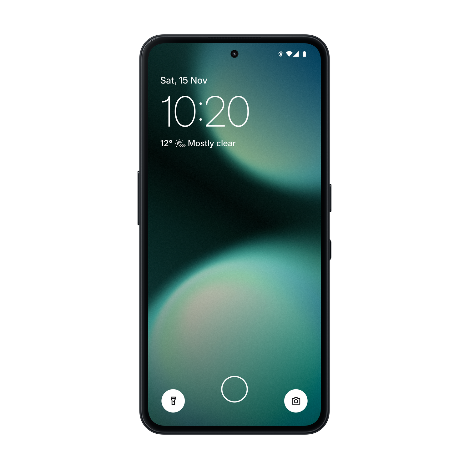 Pantalla de bloqueo del smartphone: Sáb, 15 nov, 10:20, 12° mayormente despejado.