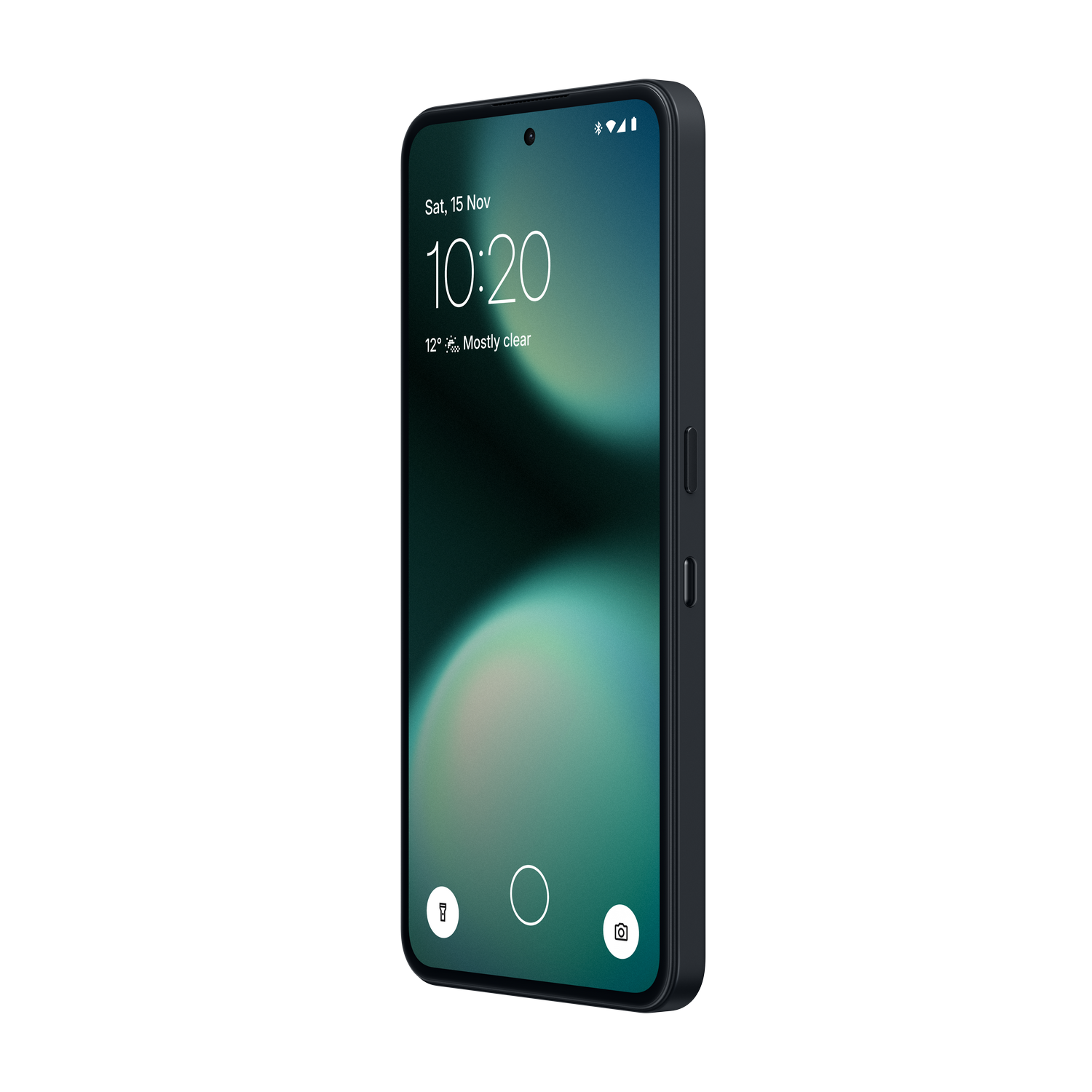 Smartphone oscuro con pantalla bloqueada mostrando hora y clima.
