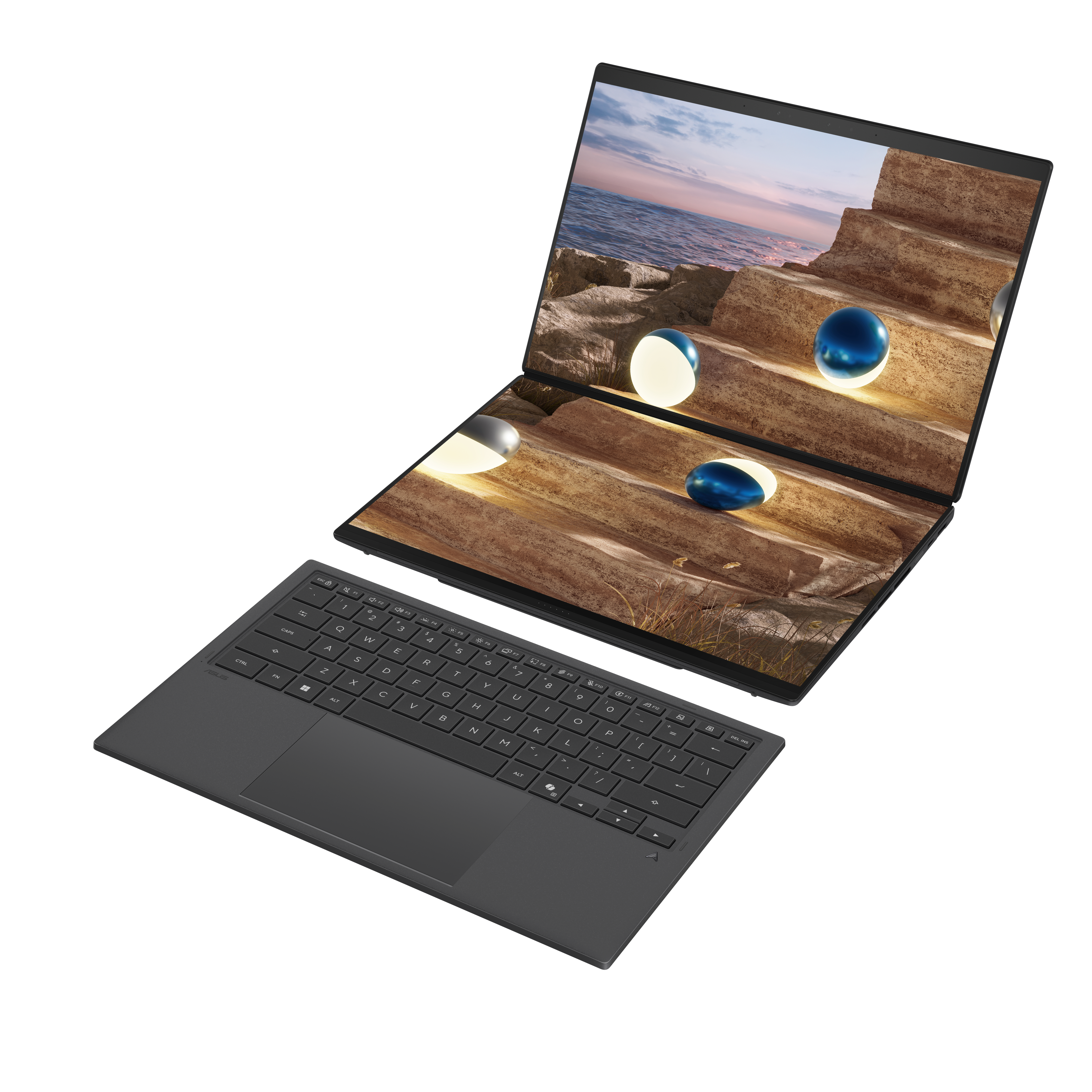 Ein offenes Laptop mit zweigeteiltem Bildschirm und abnehmbarer Tastatur.