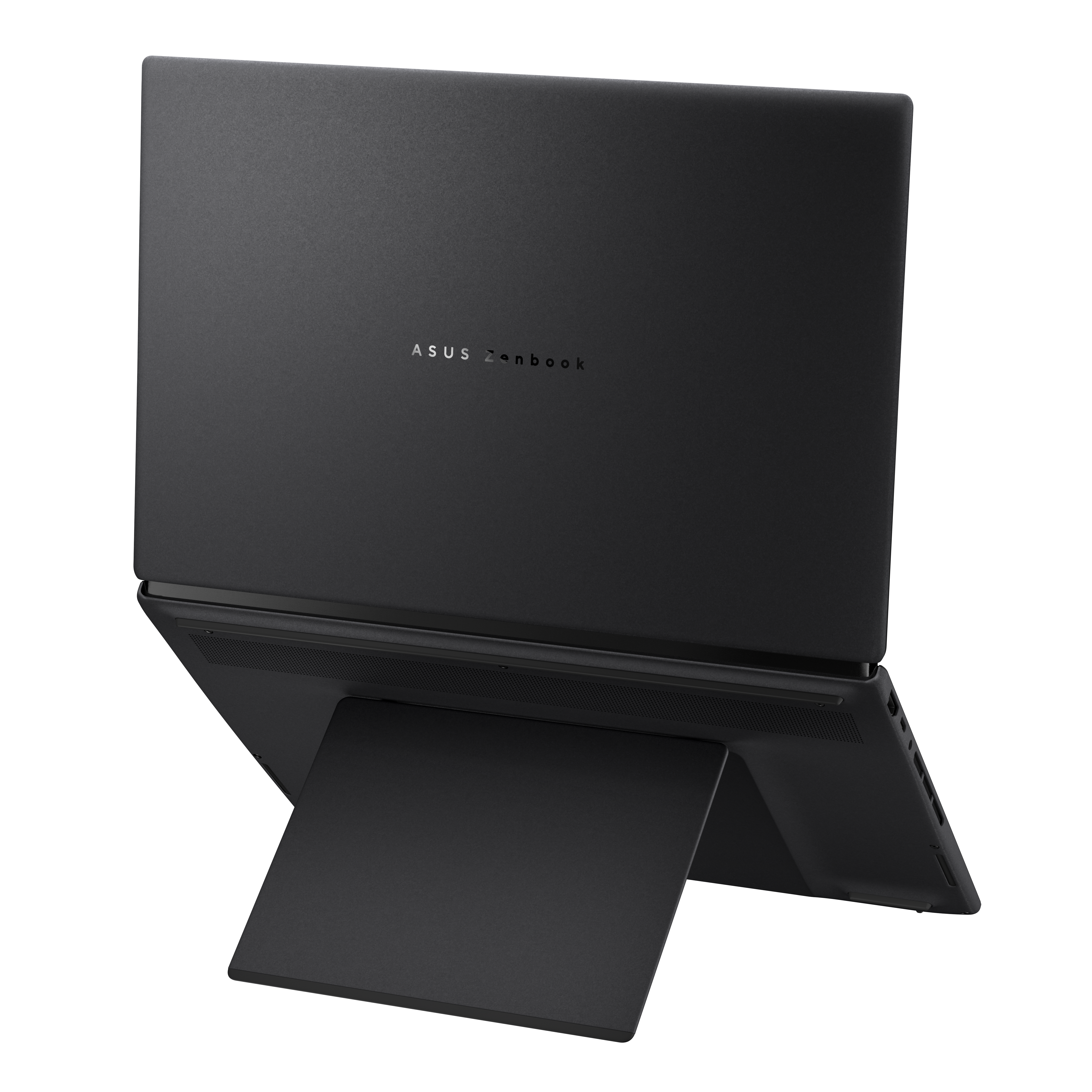Dunkelgraues Asus Zenbook Laptop auf einem Ständer, von hinten gezeigt.