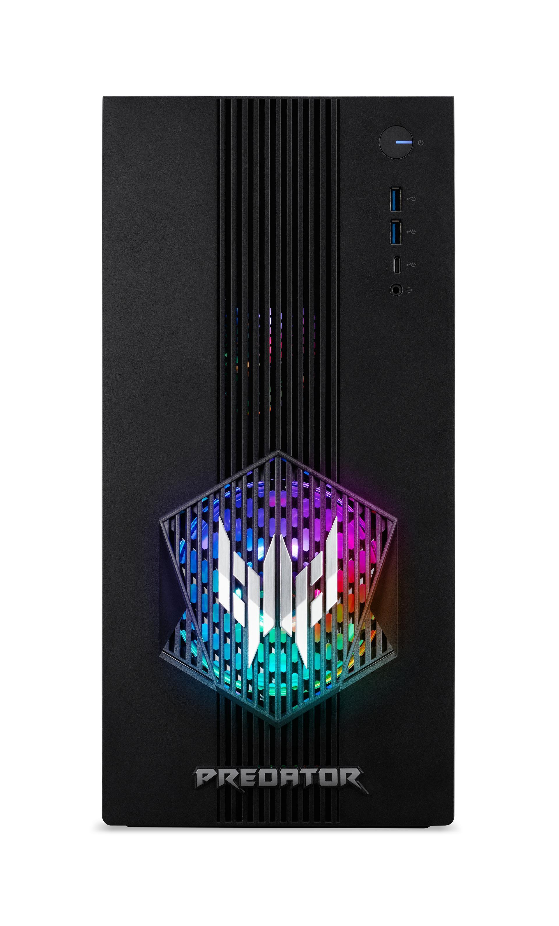 Zwarte gaming-pc met verlicht Predator-logo en ventilatoren.
