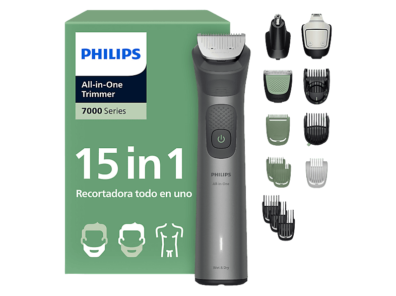 Afeitadora Corporal - Philips MG7921/15, BeardSense, 15 en 1, 120 min, Uso Seco/Húmedo, Cara,Pelo,Cuerpo, Cuchillas Acero Autoafilable, Multi Grooming