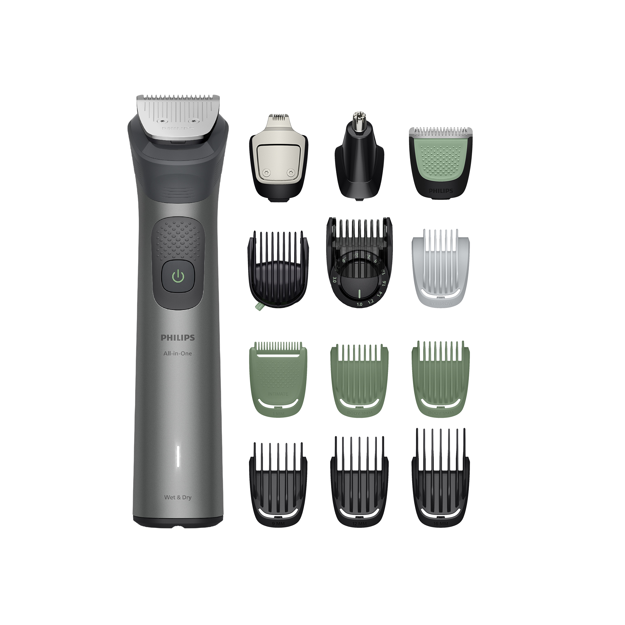 Recortadora gris Philips All-in-One con varios accesorios.
