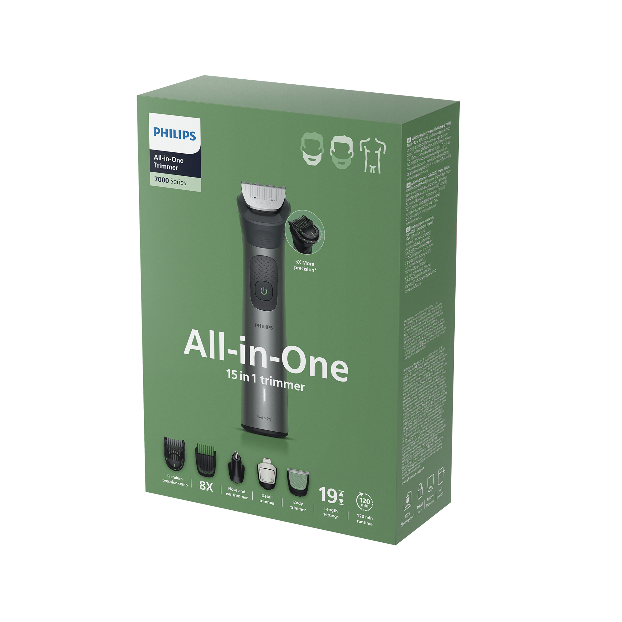 Embalaje de una recortadora Philips All-in-One Serie 7000 con accesorios.