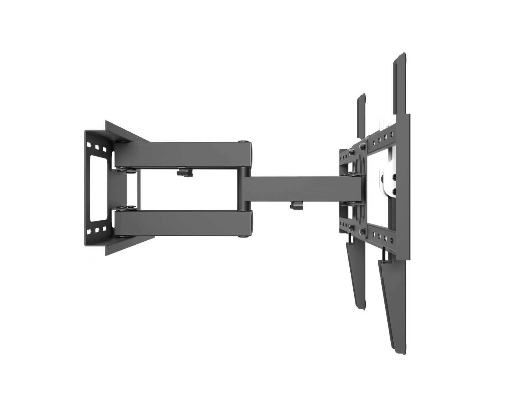 Support mural TV gris articulé avec bras extensible et plaque VESA.