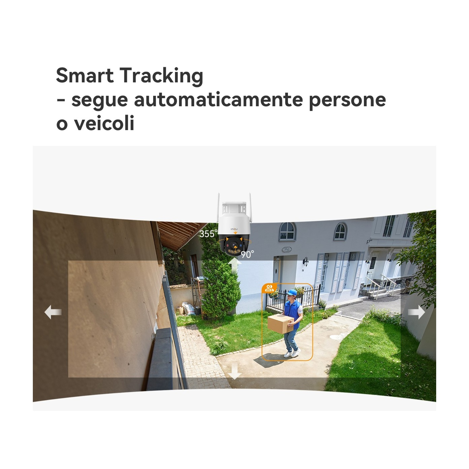Telecamera di sicurezza traccia persona con pacco. Casa e giardino sullo sfondo.