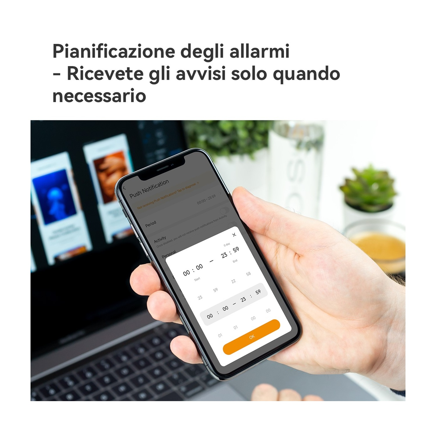 Un telefono mostra un'app per la pianificazione degli allarmi con impostazioni di ora e attività.