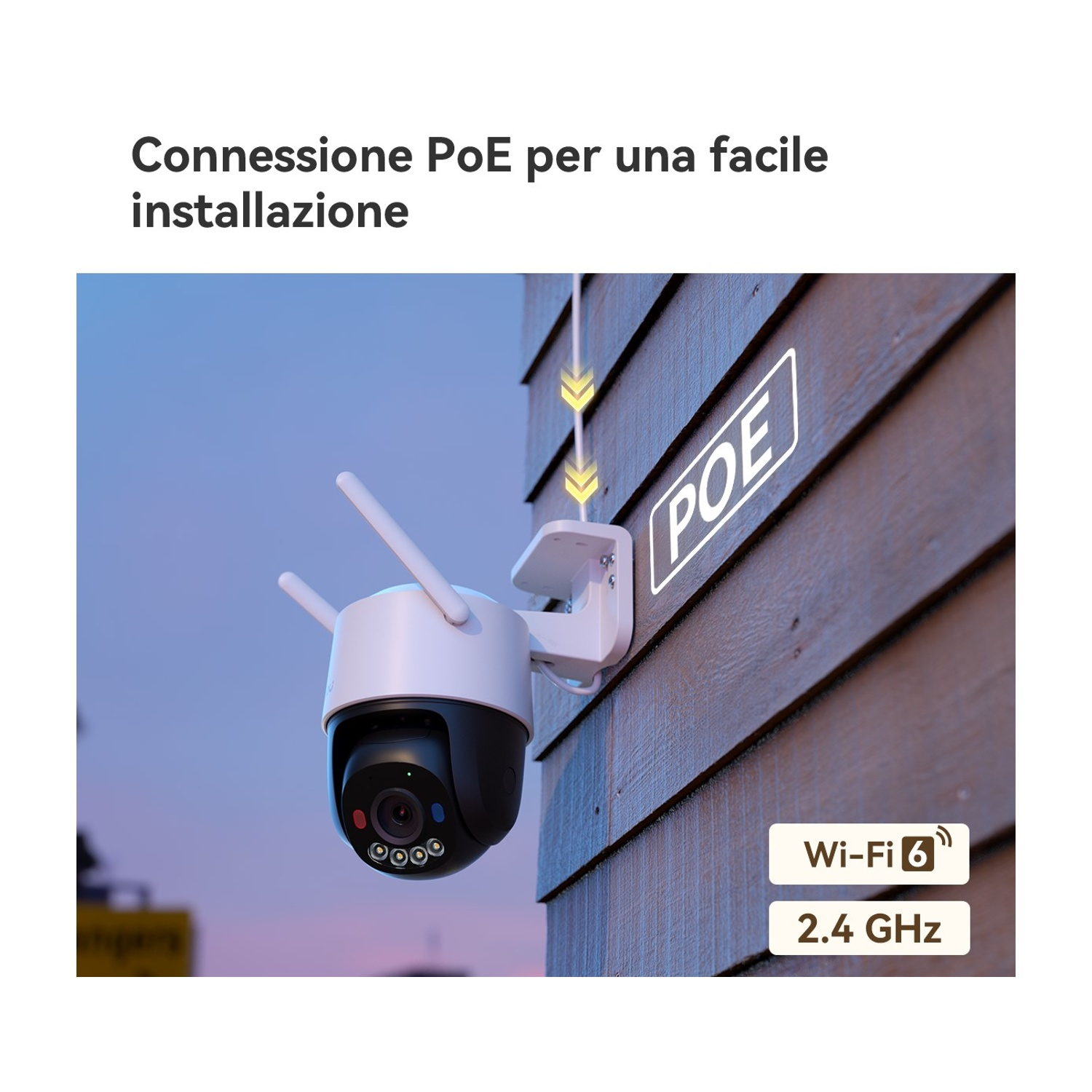 Una telecamera PoE montata su parete in legno, con icone POE e Wi-Fi 6.