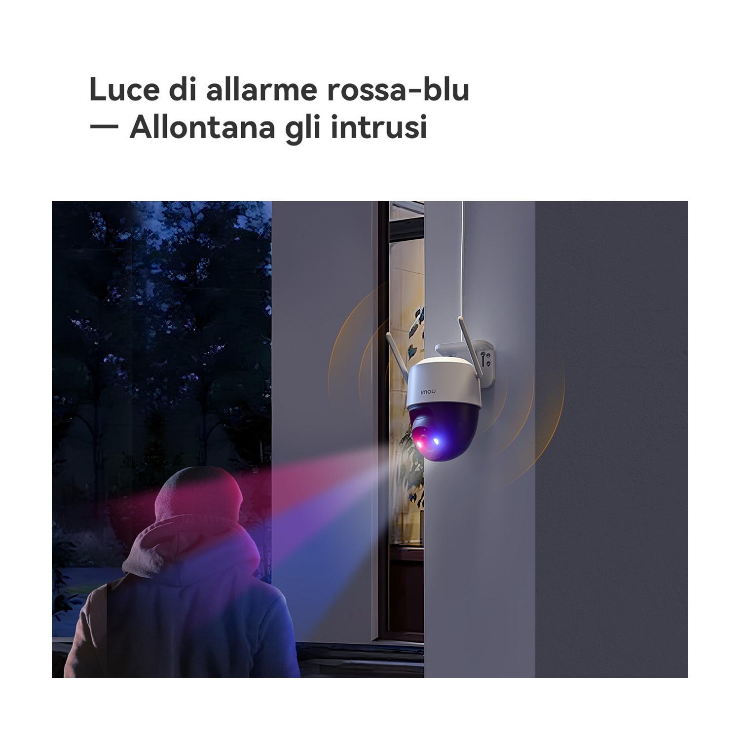 Una telecamera di sicurezza illumina un uomo con cappuccio con luce rosso-blu.