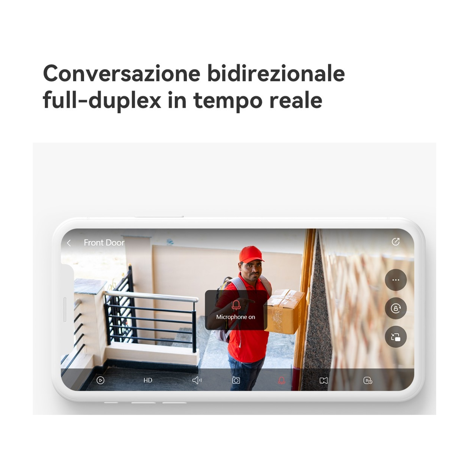 Corriere con pacco alla porta, mostrato su smartphone.