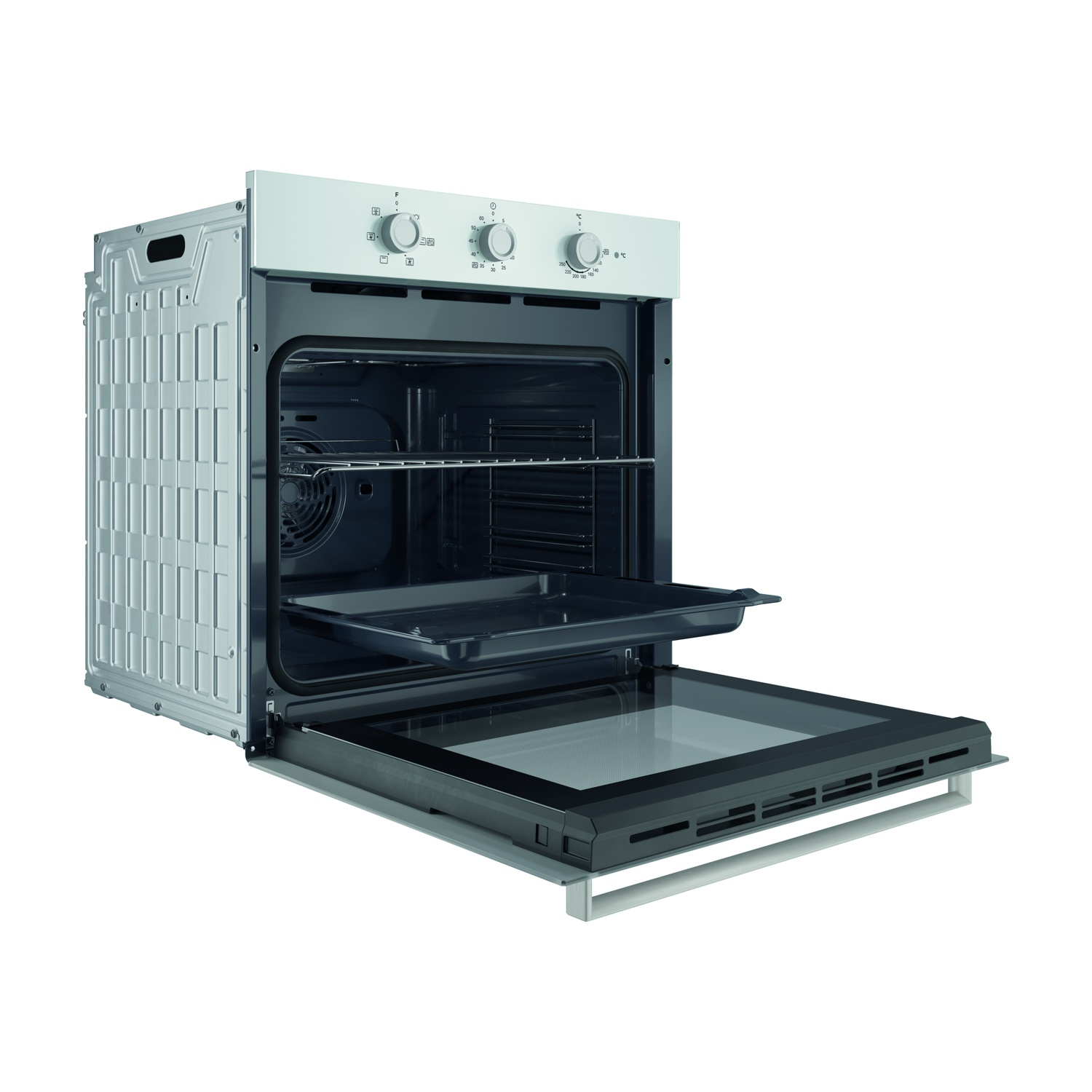 Un forno da incasso aperto con cassa argentata e porta nera.
