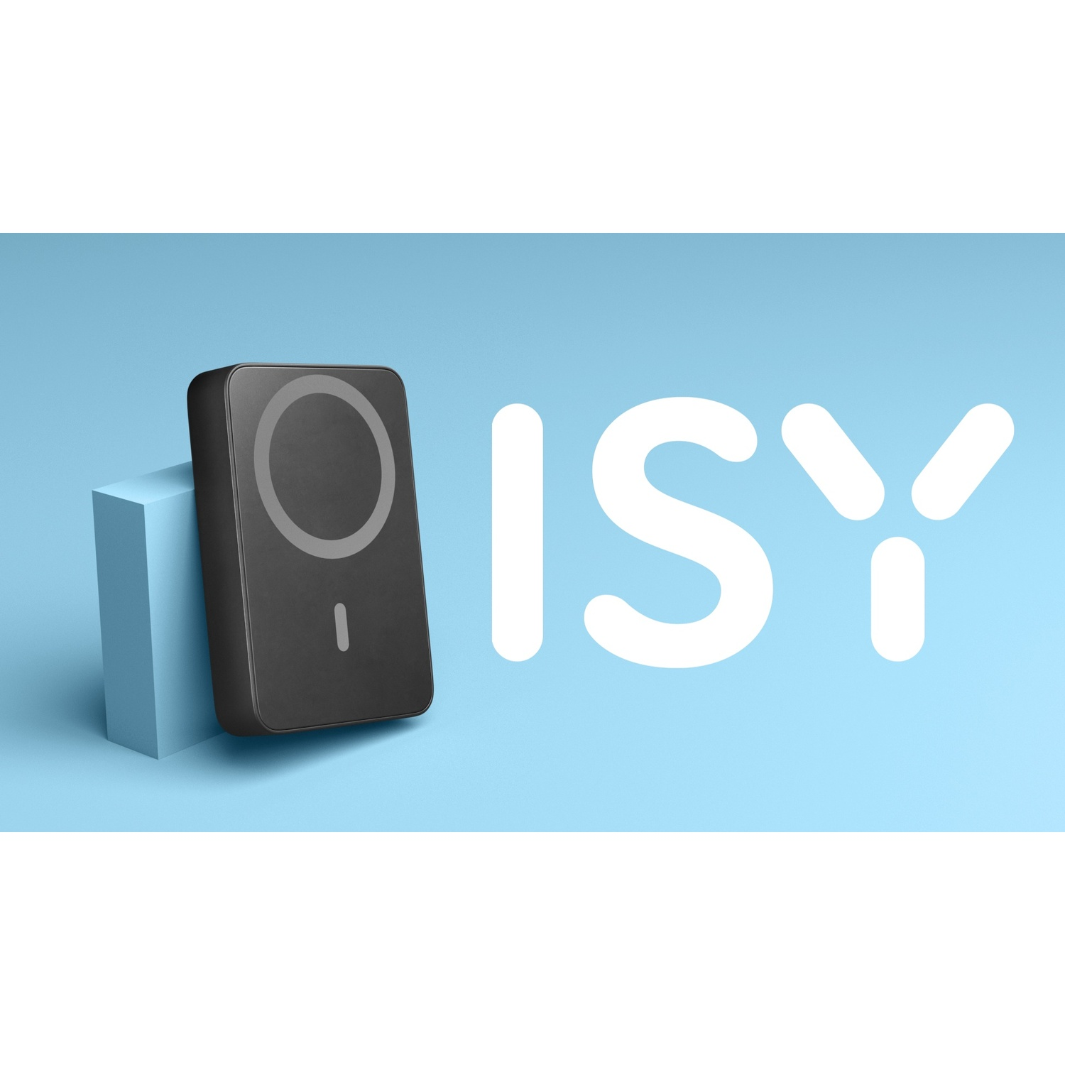 Un caricabatterie wireless nero dal design circolare poggia su un blocco blu accanto alla parola ISY.