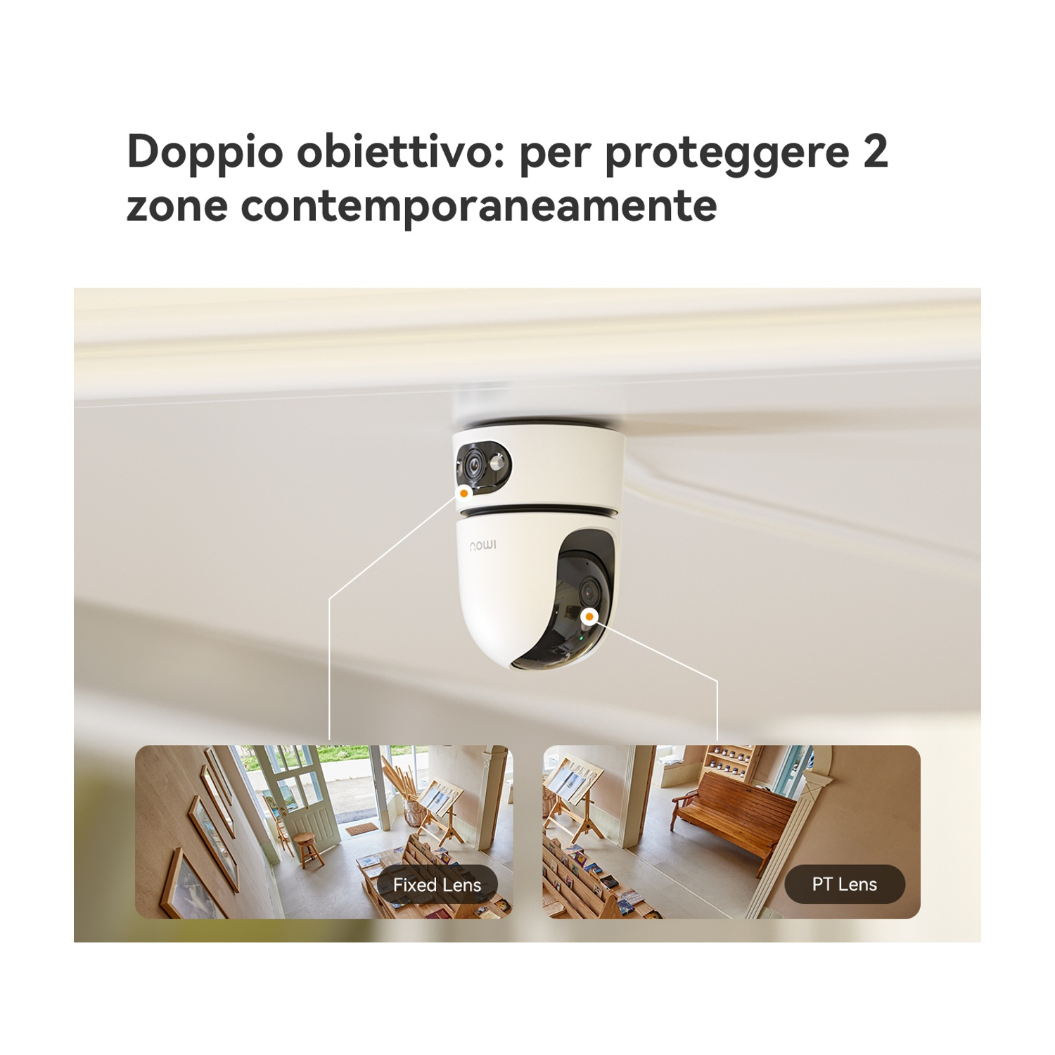 Telecamera dual-lens che cattura due zone contemporaneamente.