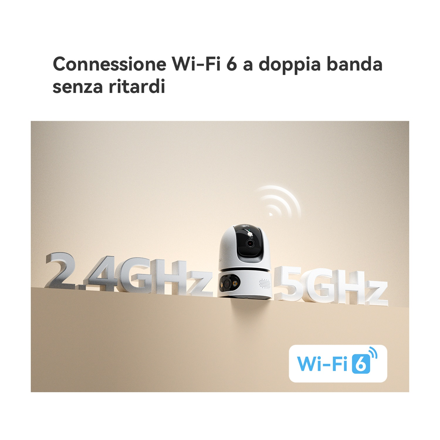 Una telecamera di sicurezza Wi-Fi 6 bianca con bande 2.4GHz e 5GHz.