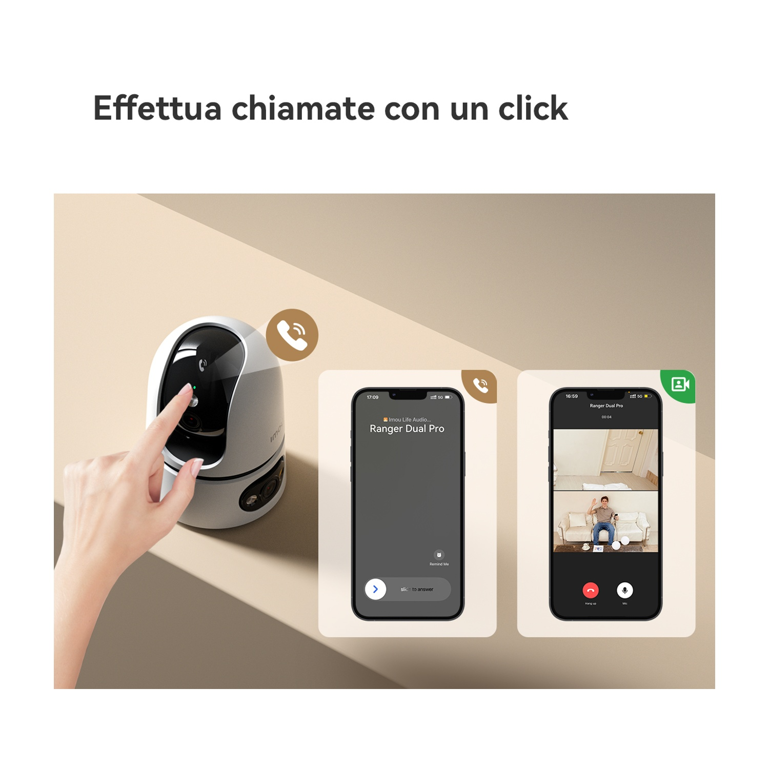 Un dito tocca una telecamera di sicurezza accanto a due schermi del telefono.