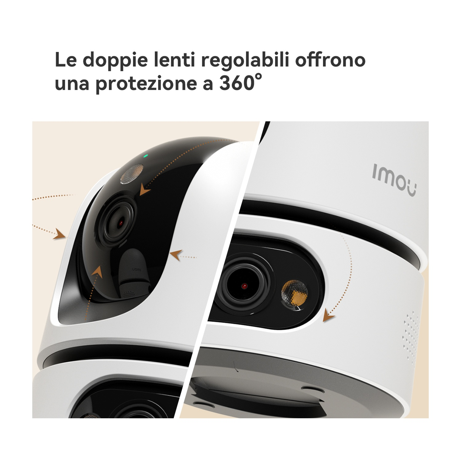 Primo piano di una telecamera di sicurezza bianca con due lenti rotanti.