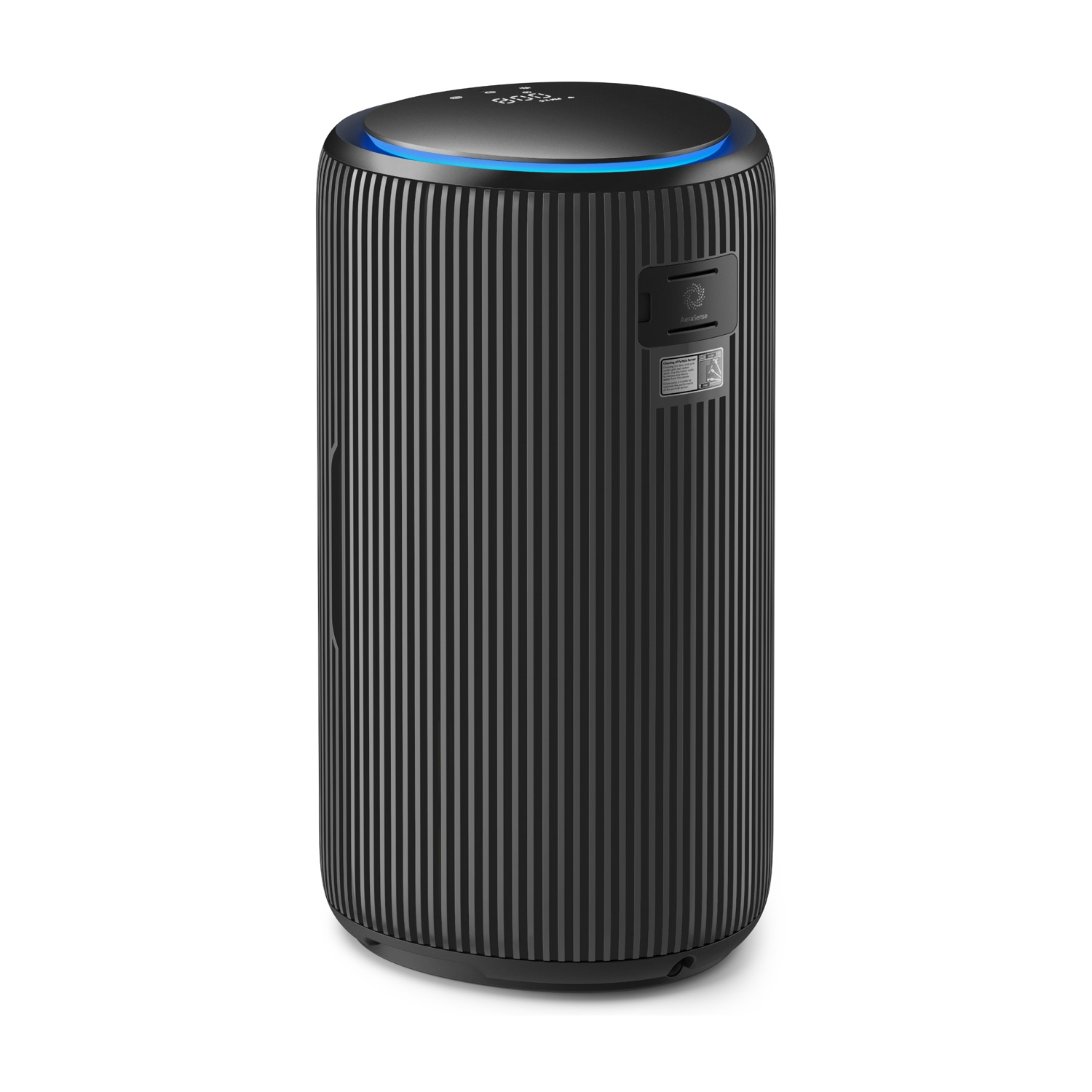 Un purificatore d'aria nero e cilindrico con scanalature verticali e illuminazione a LED blu.