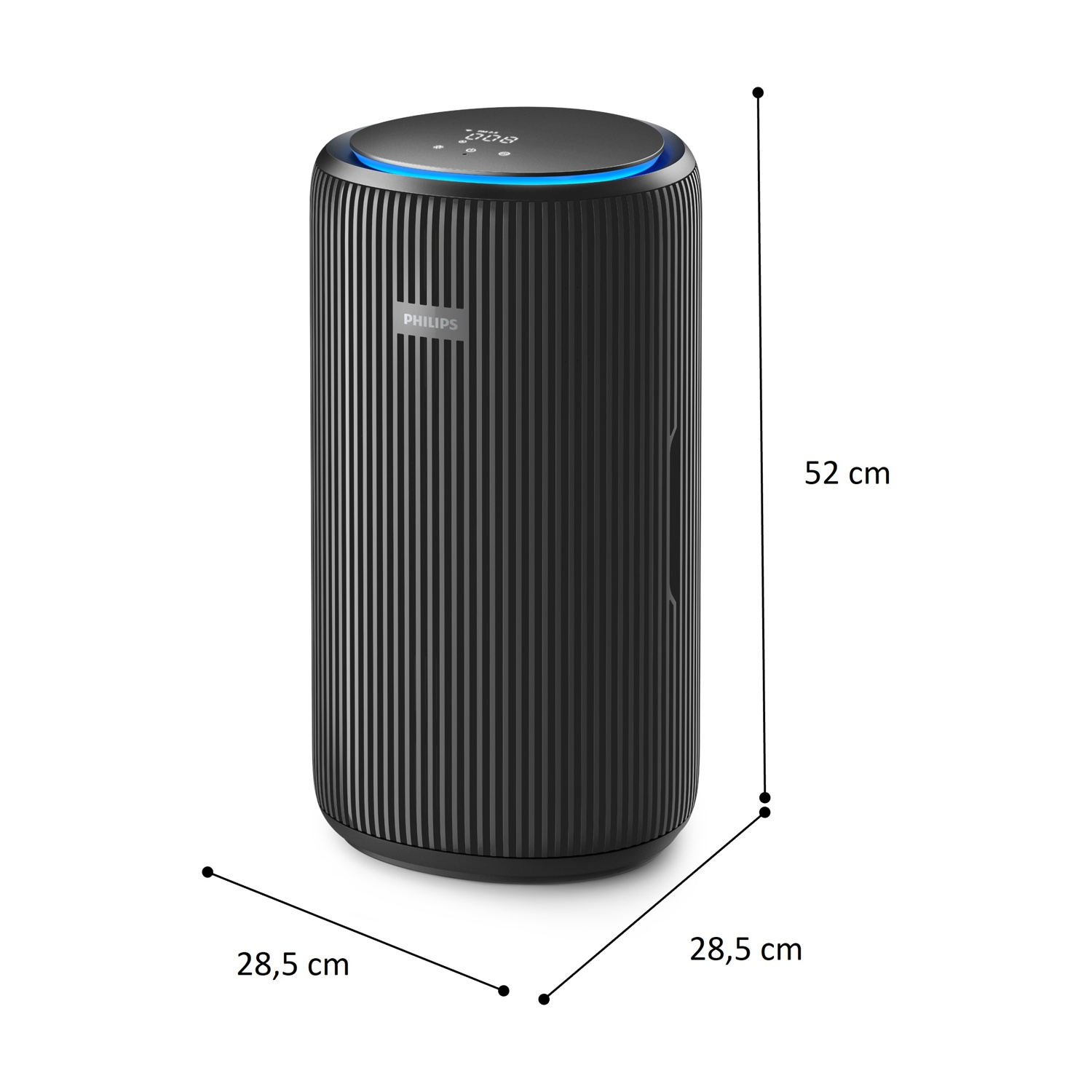 Purificatore d'aria nero con scanalature verticali, luce blu e display digitale.