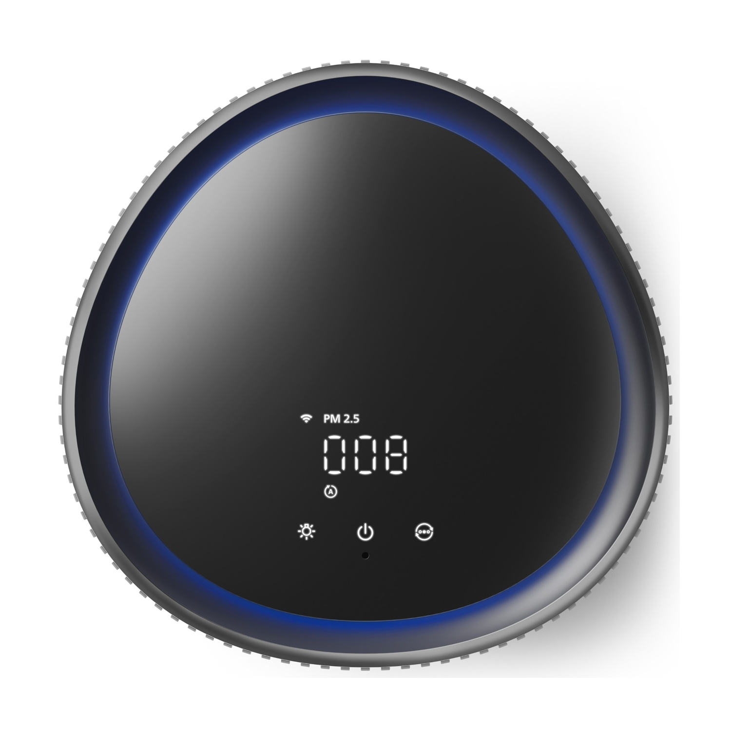 Un purificatore d'aria nero rotondo con illuminazione blu e display digitale.