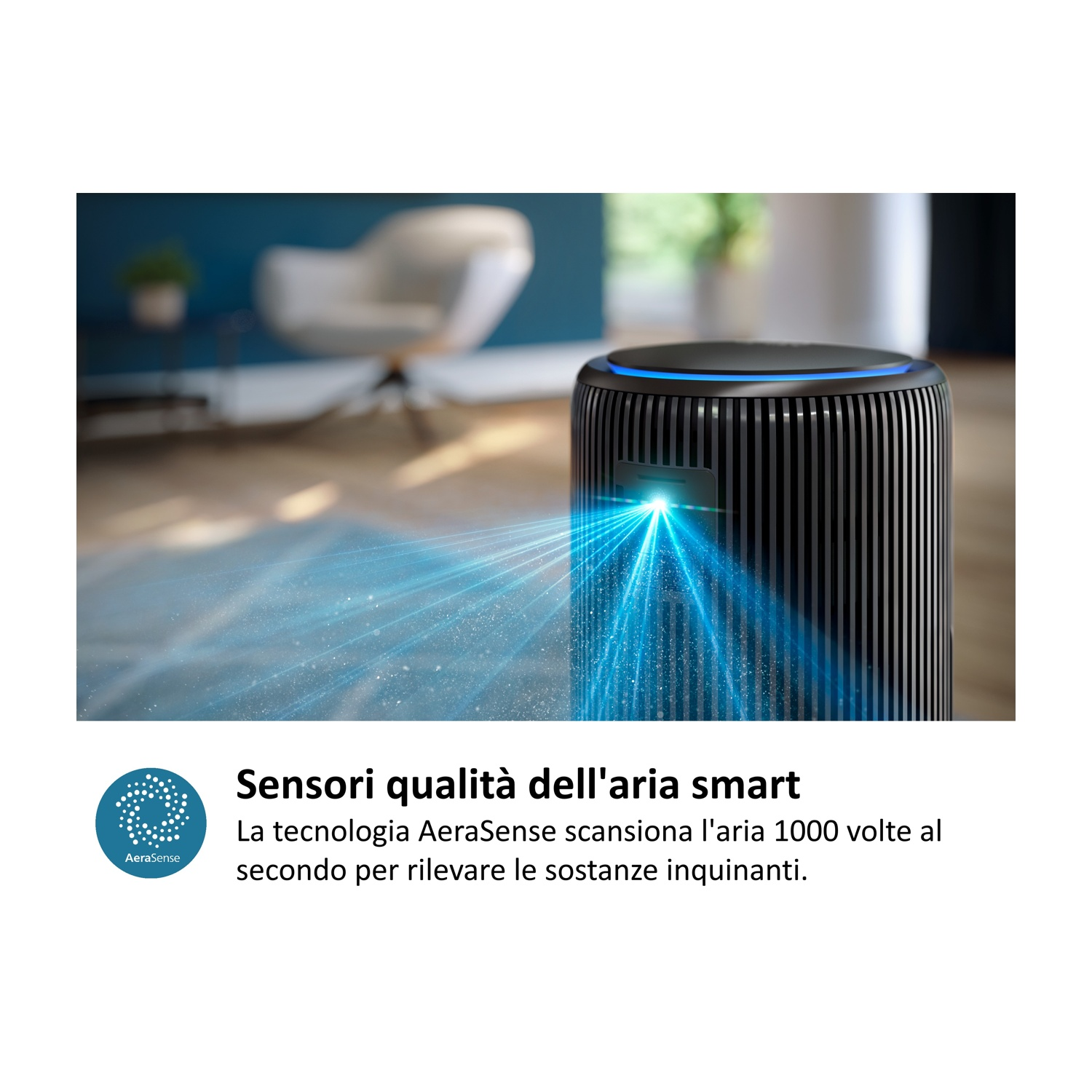 Un purificatore d'aria nero emette raggi blu, mostrando particelle di polvere in un soggiorno.