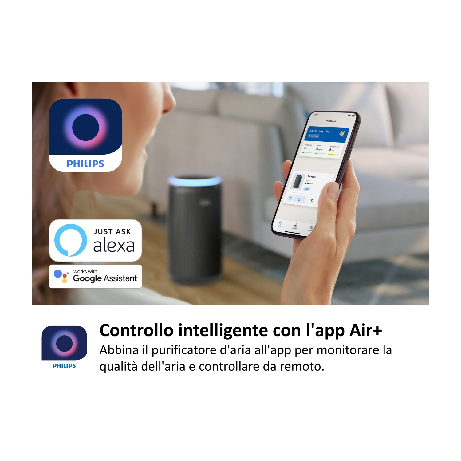 Purificatore d'aria Philips con controllo app, Alexa e Google Assistant.