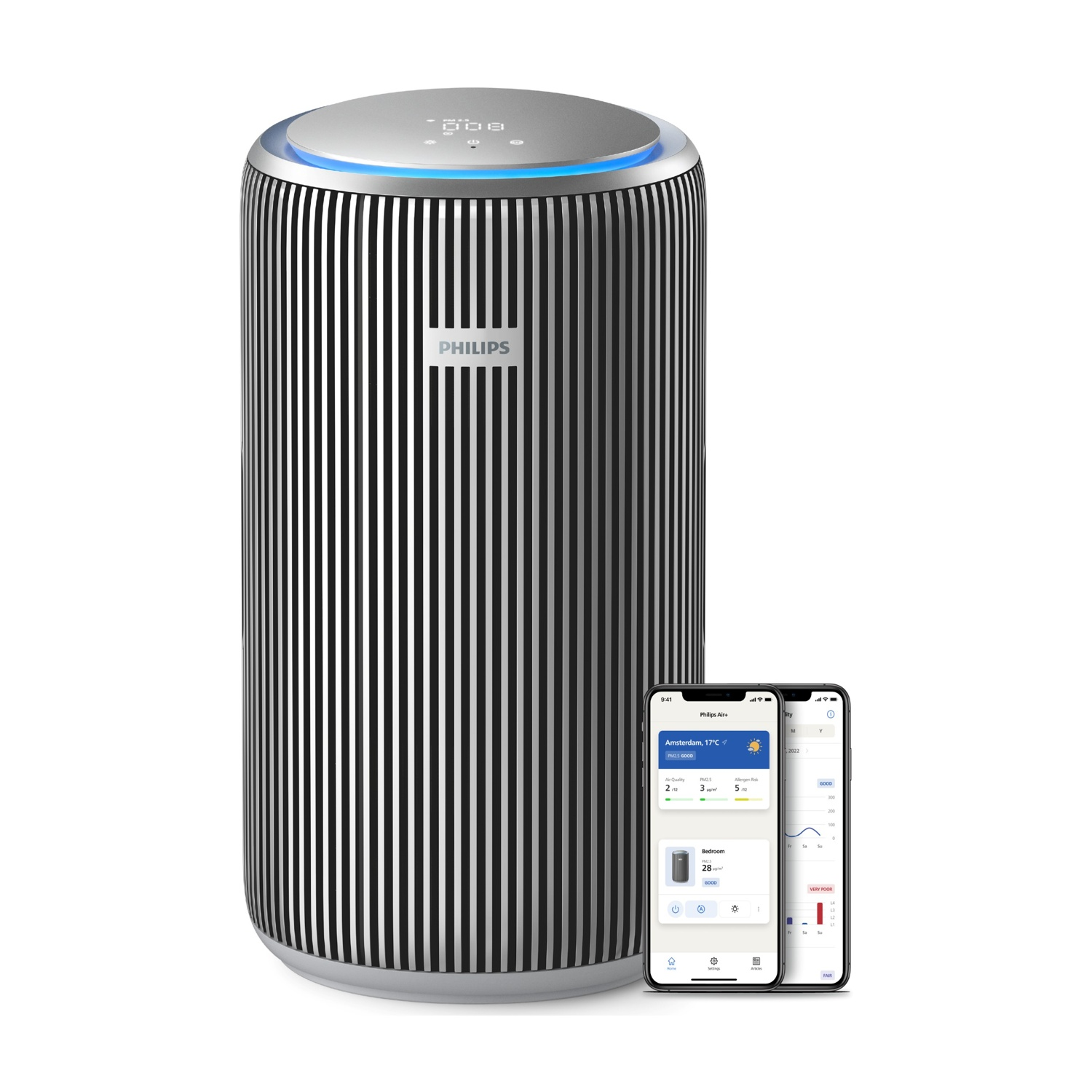 Un purificatore d'aria Philips con design a righe e due smartphone accanto.