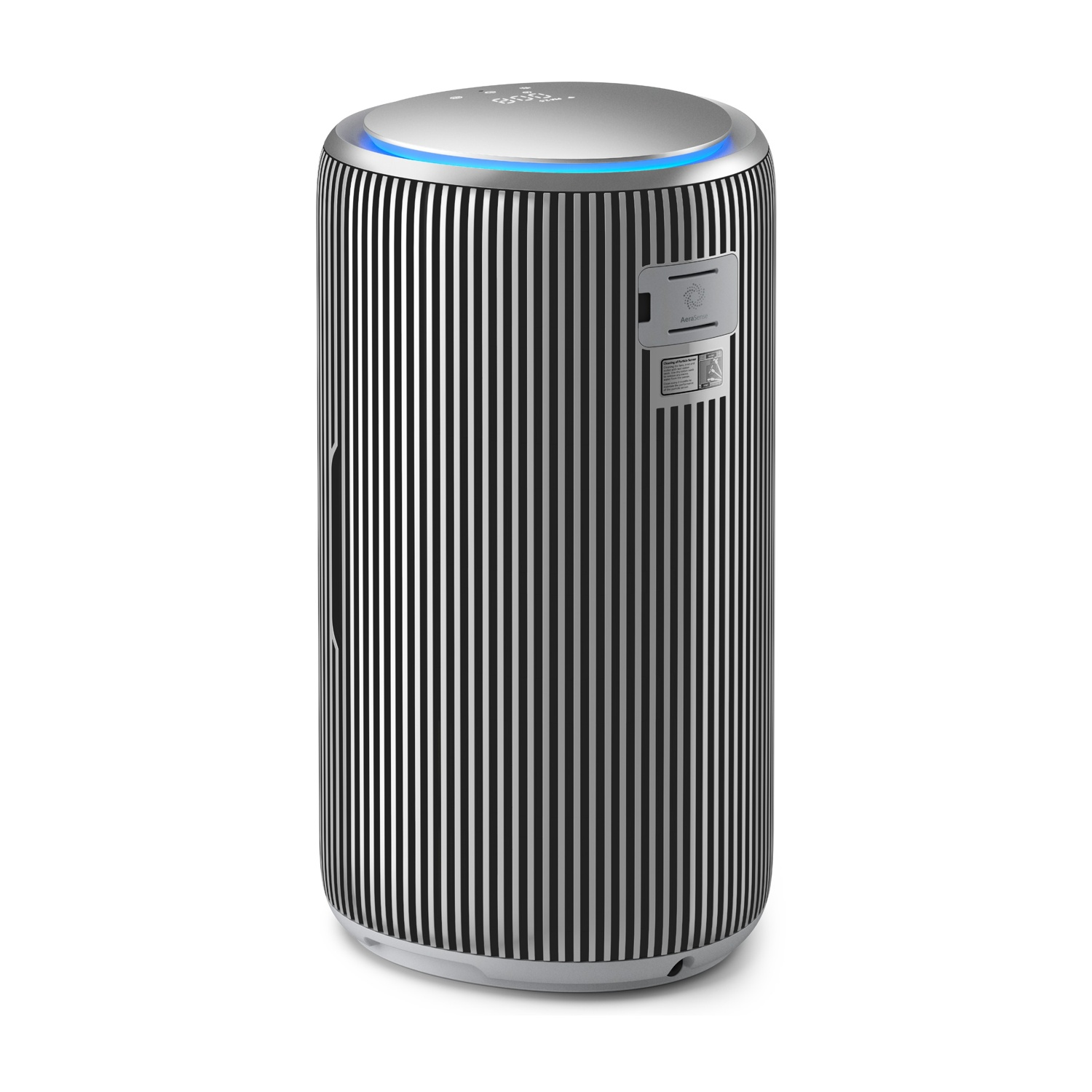 Un purificatore d'aria cilindrico con strisce verticali nere e argentate.