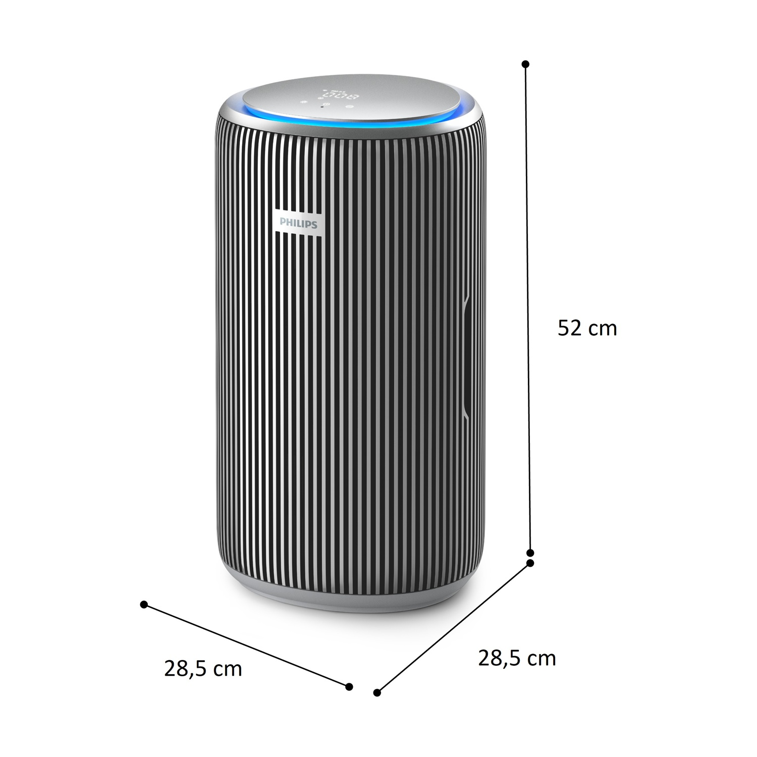 Un purificatore d'aria Philips cilindrico con strisce verticali nere e argentate.