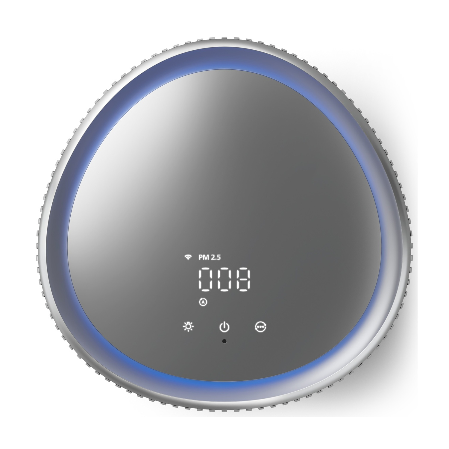 Un purificatore d'aria circolare argentato con anello luminoso blu e display digitale che mostra PM 2.5.