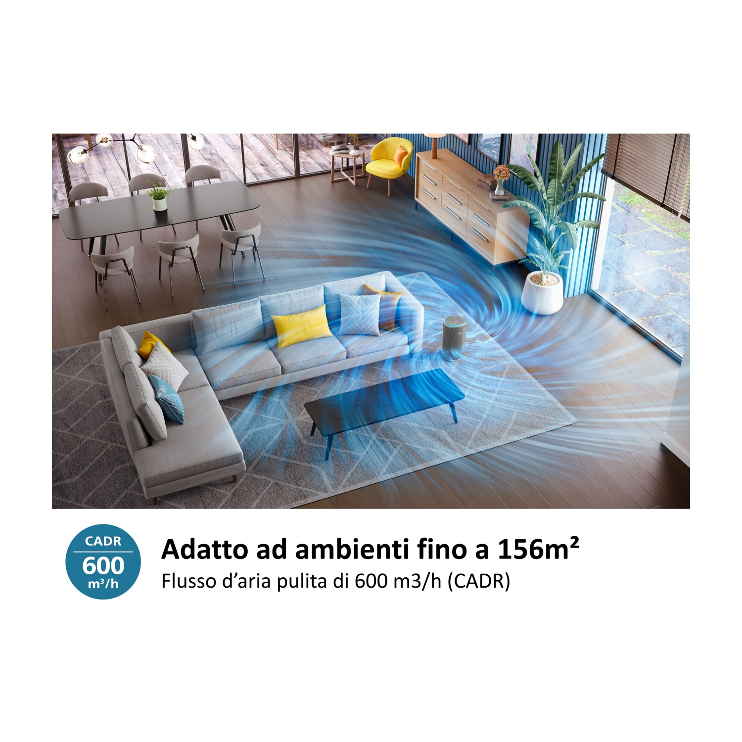 Un purificatore d'aria in un soggiorno, con flusso d'aria visualizzato.