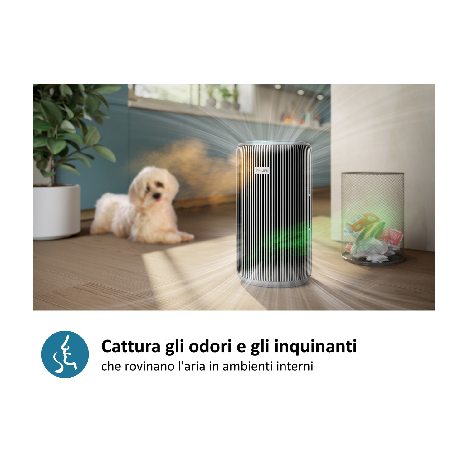 Un purificatore d'aria accanto a un cane e un cestino, che filtra gli odori.