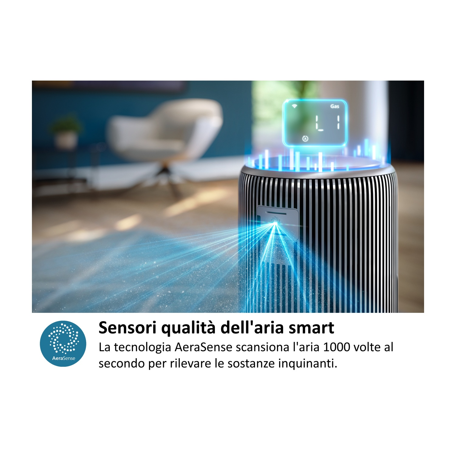Un purificatore d'aria con display digitale e raggi blu che analizzano l'aria.