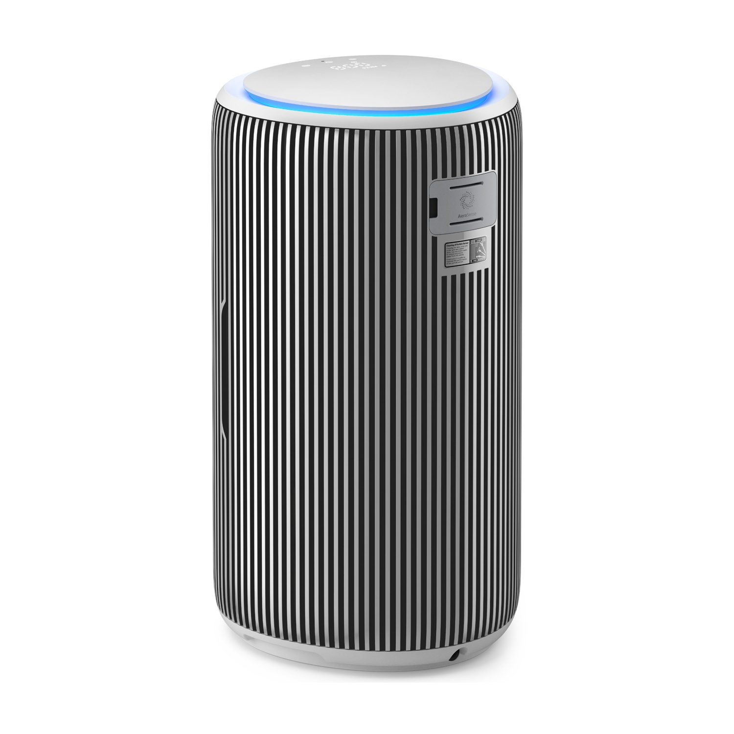 Purificatore d'aria cilindrico con strisce verticali nere e argentate e luce blu.