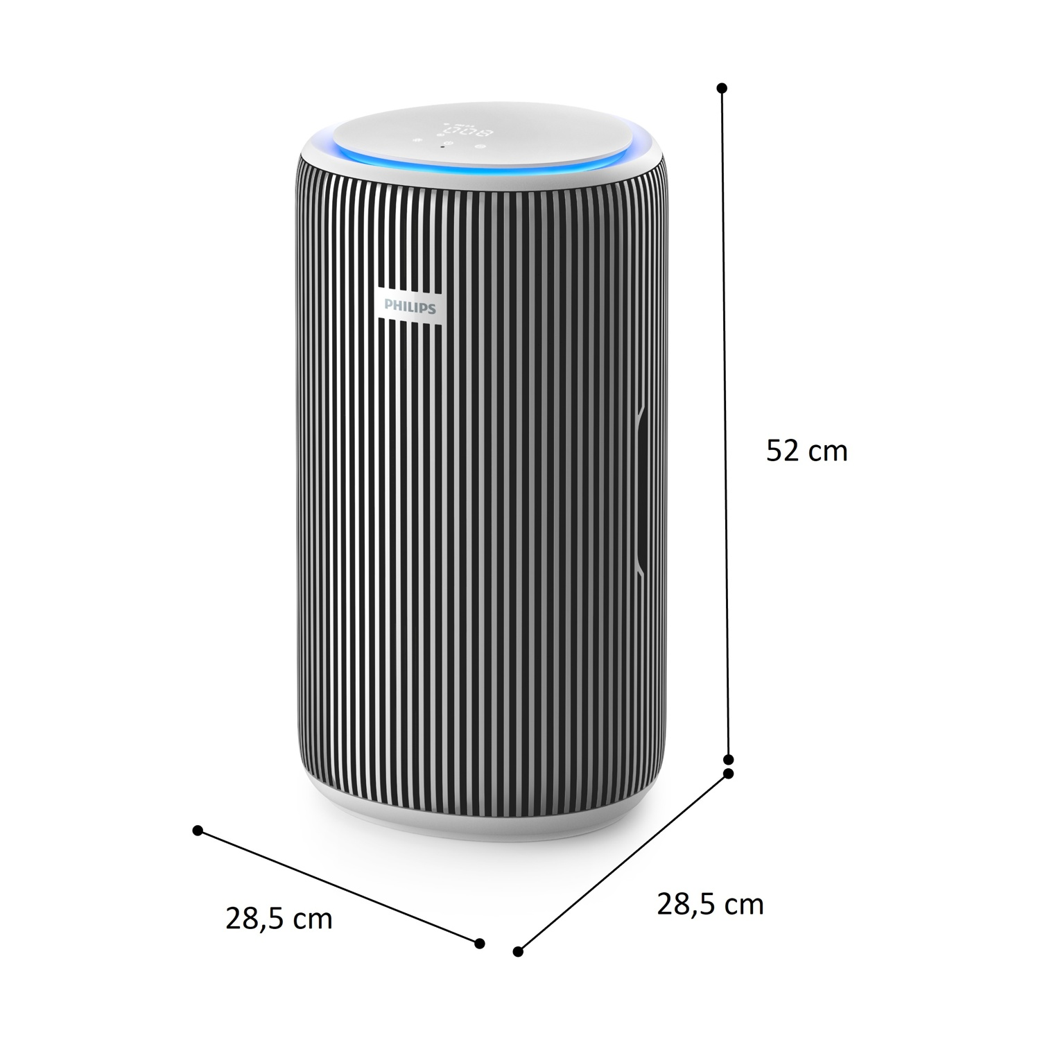 Purificatore d'aria cilindrico nero a righe verticali e indicatore luminoso blu.