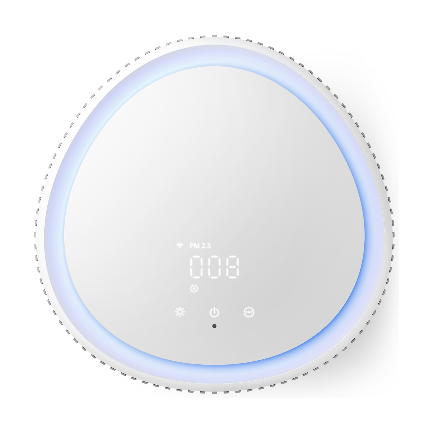 Un purificatore d'aria bianco con luce ad anello blu e display digitale.