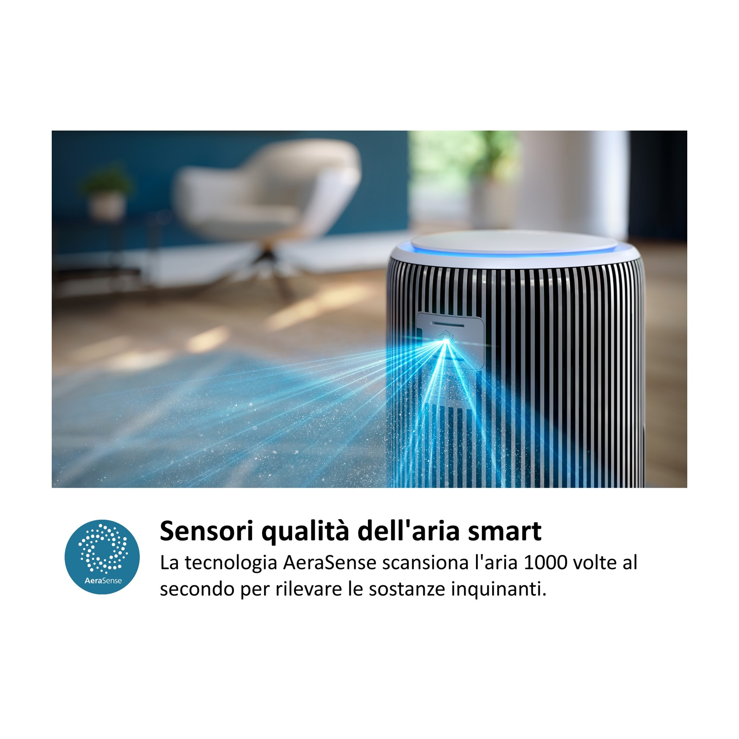 Purificatore d'aria con raggi blu che rilevano particelle di polvere in un soggiorno.