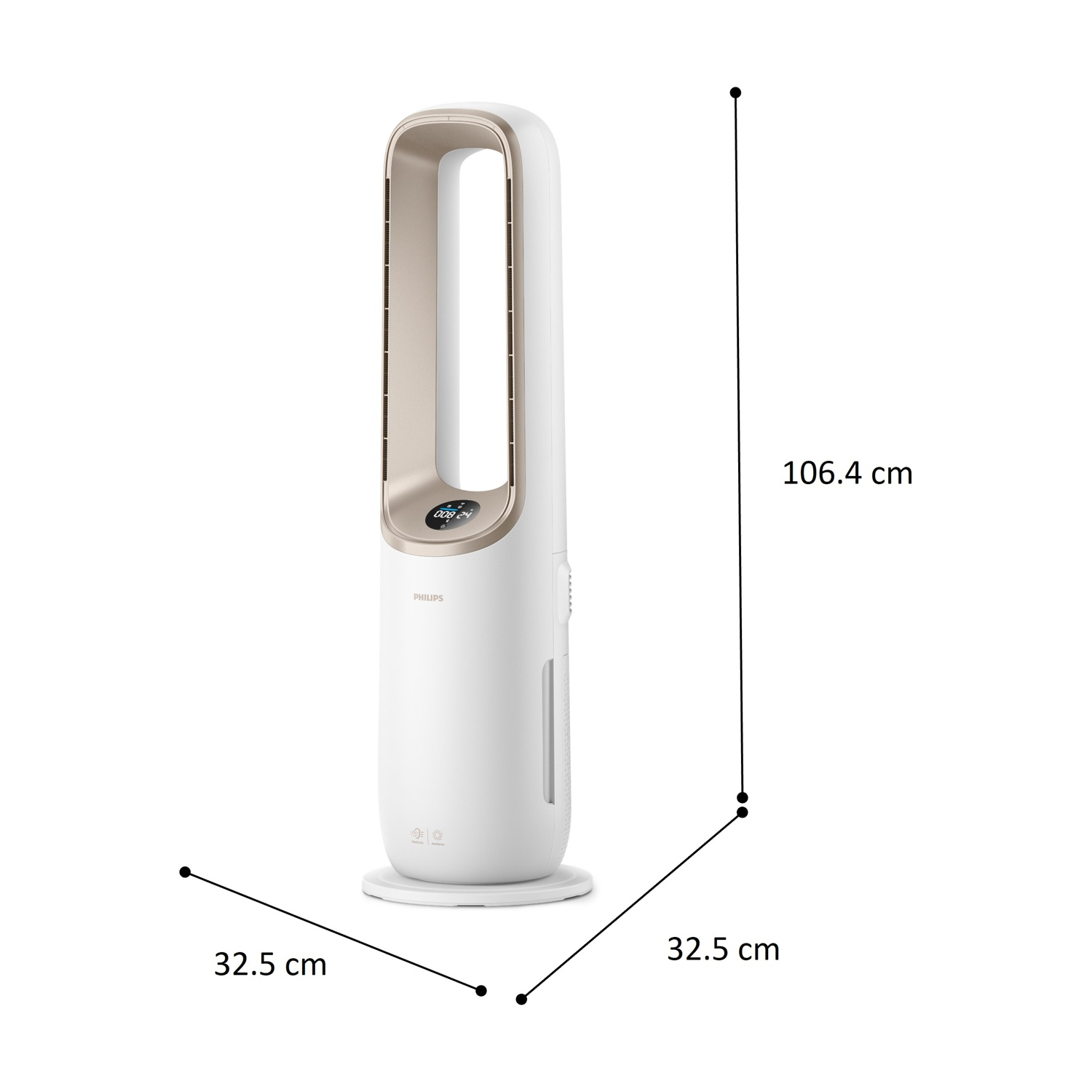 Ventilatore a torre bianco con finiture oro, alto 106,4 cm, largo 32,5 cm.