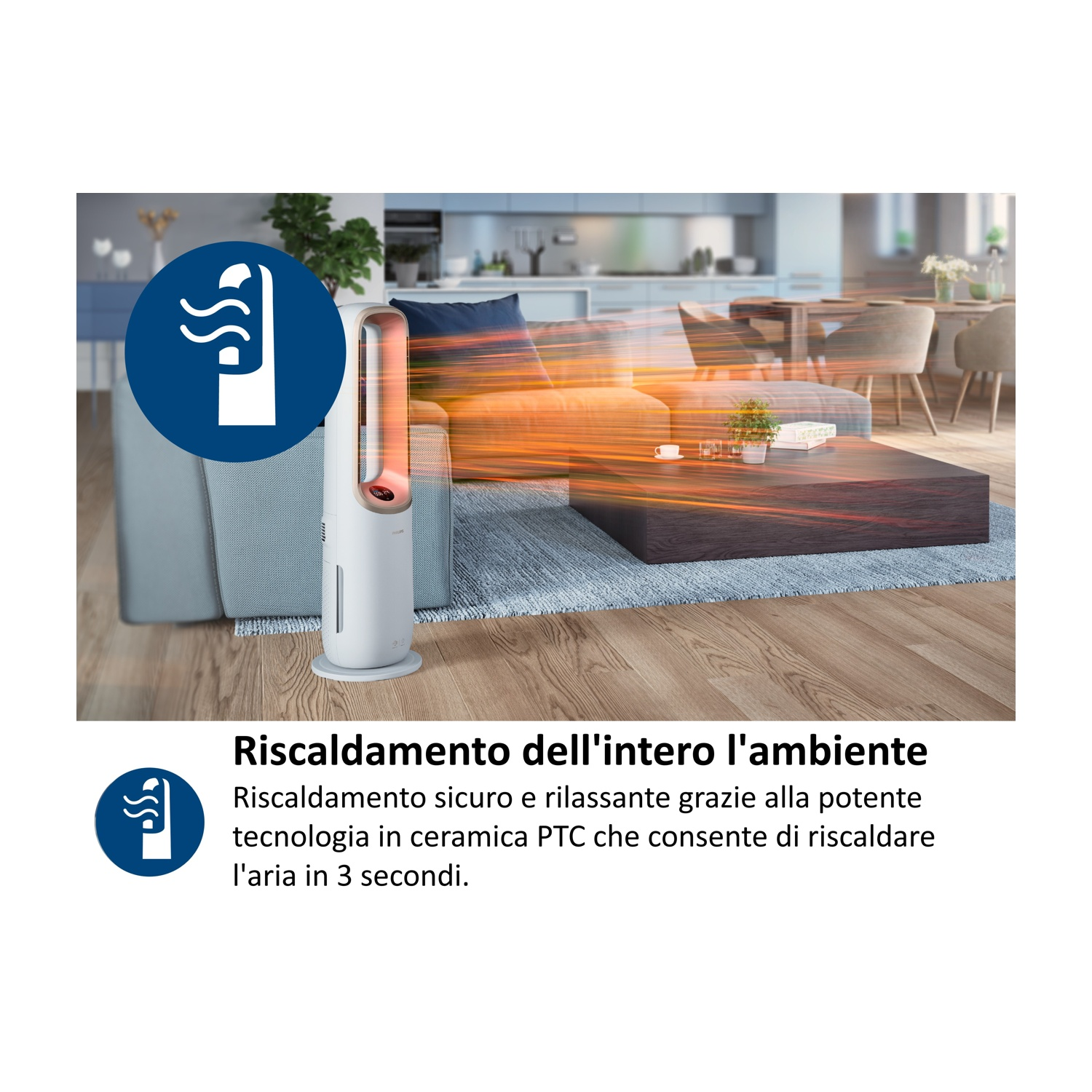 Un ventilatore a torre bianco riscalda un soggiorno. Strisce di luce arancione indicano calore.