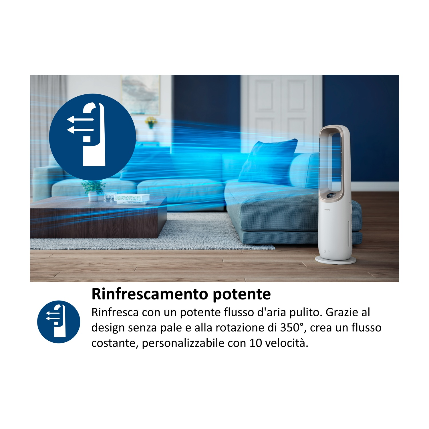 Un ventilatore a torre bianco è in un soggiorno, con correnti d'aria blu che ne emanano.