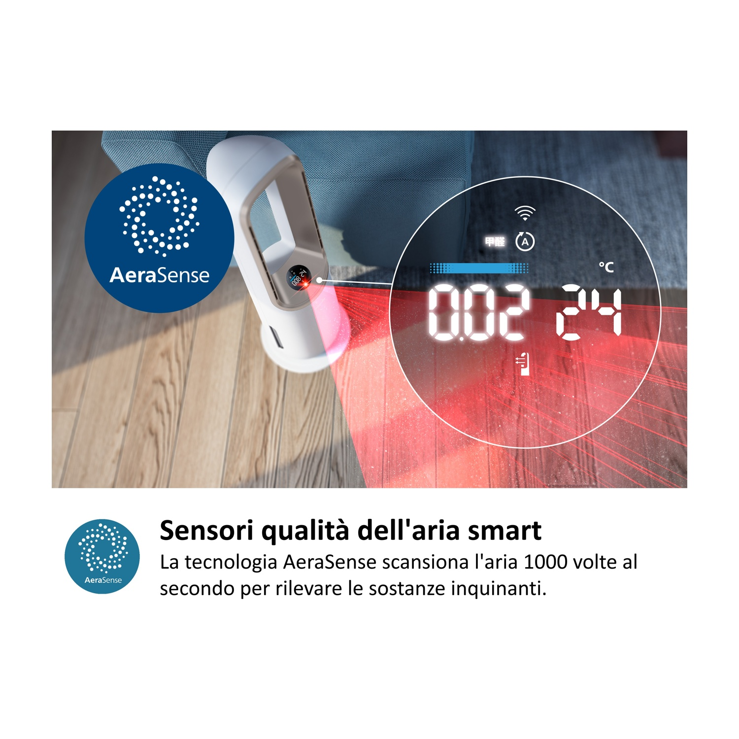 Un sensore di qualità dell'aria AeraSense bianco con display digitale scansiona l'aria.