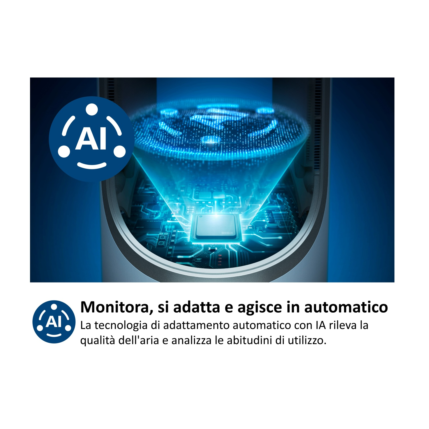 Icona AI su un microchip luminoso e design di circuito stampato.