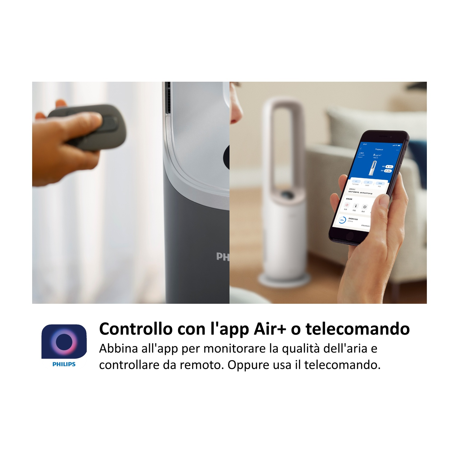 Una mano usa un telecomando, un'altra tiene uno smartphone con un'app.